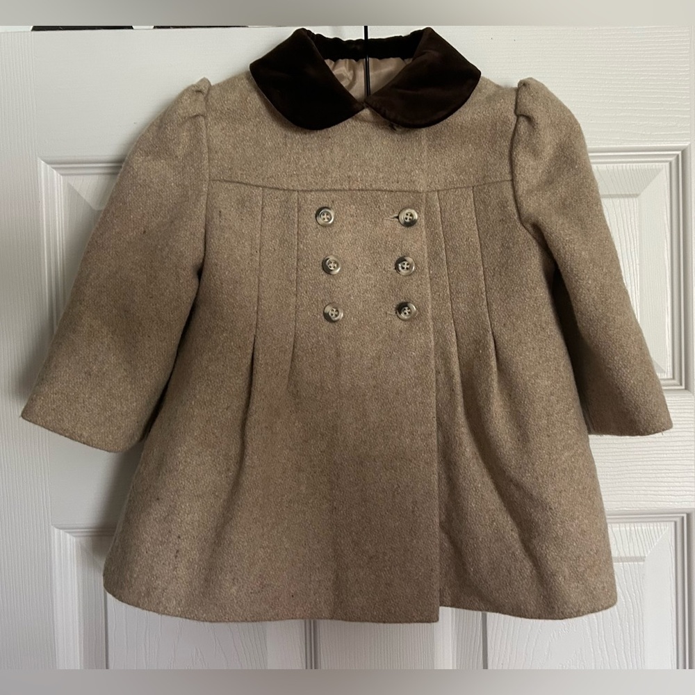Cute Togs Wool Blend Tan Brown Velour Collar Button Dress Coat Size 2 Victorian